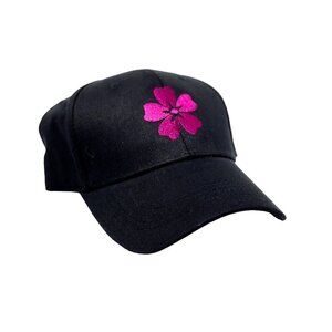 Black baseball cap with deep pink/ Fuchsia  embroidered flower